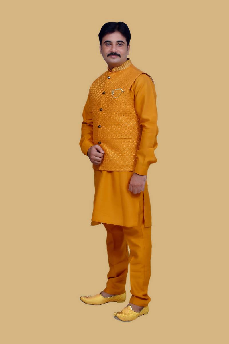 Modern cut orange kurta jacket set - Lattsaheb